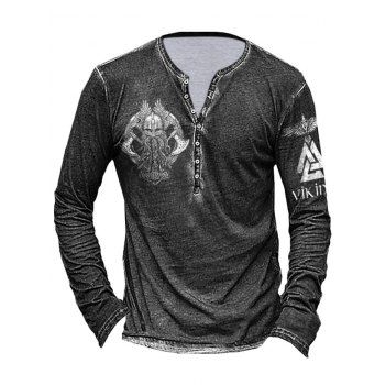 

Vintage T Shirt Eagle Geometric Letter Axe Skull Print Half Button Long Sleeve Gothic Casual Tee, Black