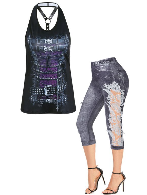Ensemble d'été avec Débardeur Asymétrique Gothique Anneau en O Chauve-souris Crâne et Legging - multicolor S