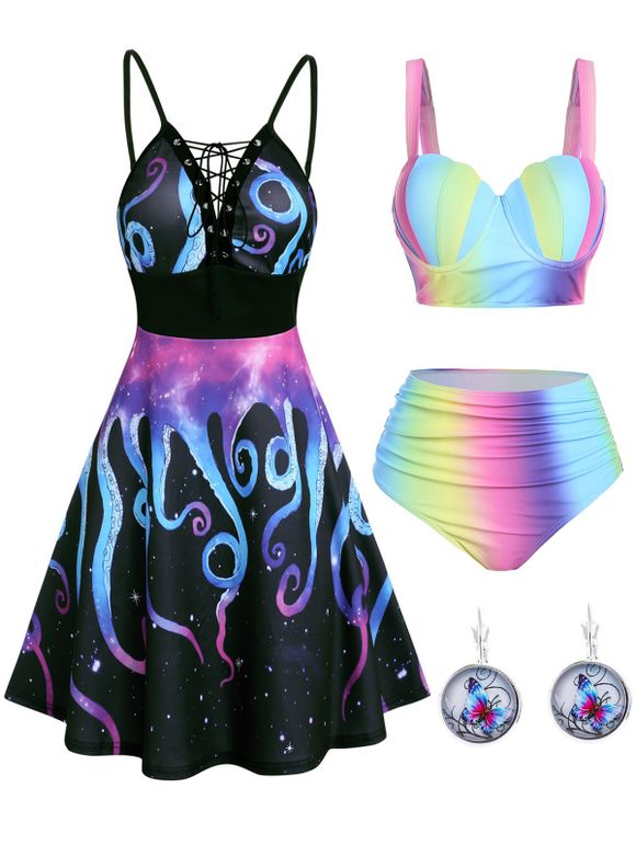Maillot de Bain Tankini à Bretelle et Robe à Imprimé Galaxie Pieuvre et Papillon à Lacets et Boucles d'Oreilles - multicolor S