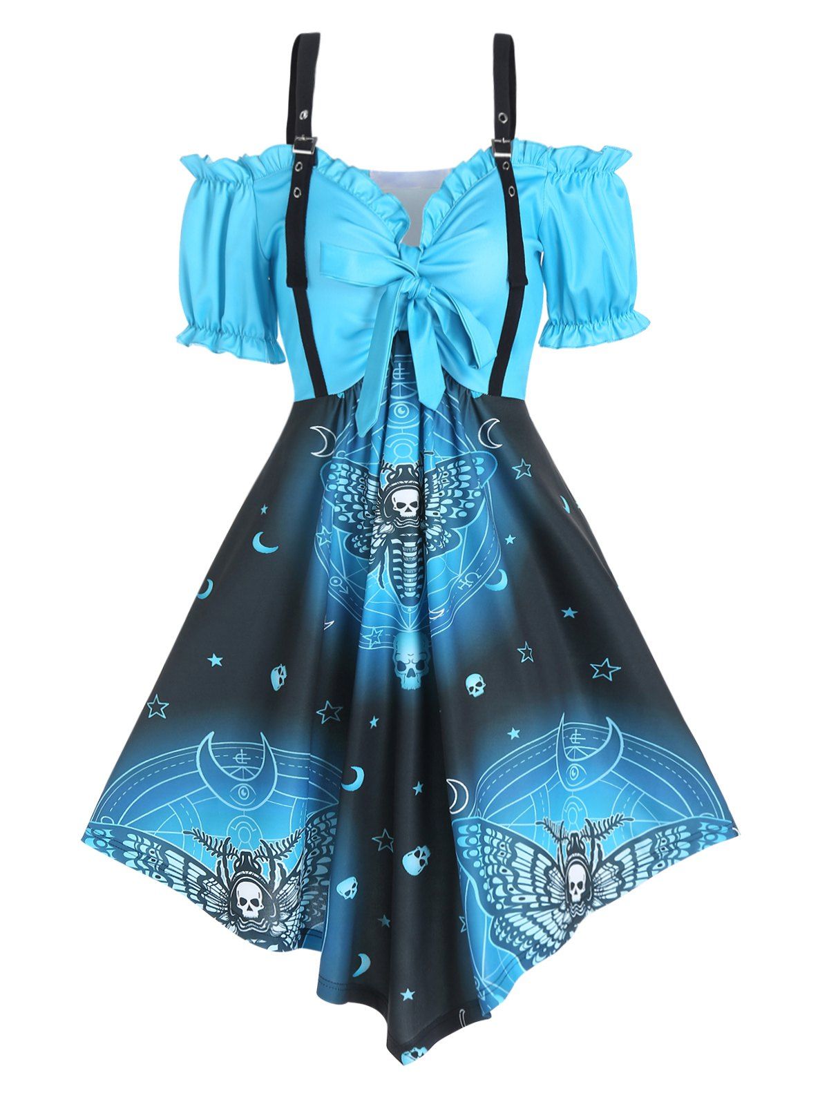 Gothic Dress Skull Butterfly Celestial Pattern Dress Cold Shoulder Ruffle Short Sleeve Bowknot Asymmetric Dress - LIGHT BLUE XL