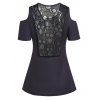 Gothic T Shirt Celestial Sun Moon Butterfly Print T-shirt Skull Pattern Lace Insert Tee Cold Shoulder Short Sleeve T Shirt - BLACK XXL