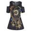 Gothic T Shirt Celestial Sun Moon Butterfly Print T-shirt Skull Pattern Lace Insert Tee Cold Shoulder Short Sleeve T Shirt - BLACK XXXL
