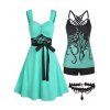 Lace Insert Mock Button Belted Dress Octopus Print Modest Tankini Swimsuit And Heart Pendant Lace Choker Necklace Summer Outfit - multicolor S