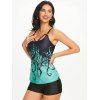 Lace Insert Mock Button Belted Dress Octopus Print Modest Tankini Swimsuit And Heart Pendant Lace Choker Necklace Summer Outfit - multicolor S