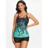 Lace Insert Mock Button Belted Dress Octopus Print Modest Tankini Swimsuit And Heart Pendant Lace Choker Necklace Summer Outfit - multicolor S