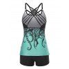 Lace Insert Mock Button Belted Dress Octopus Print Modest Tankini Swimsuit And Heart Pendant Lace Choker Necklace Summer Outfit - multicolor S