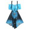 Gothic Dress Skull Butterfly Celestial Pattern Dress Cold Shoulder Ruffle Short Sleeve Bowknot Asymmetric Dress - LIGHT BLUE XL