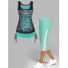 Contrast Colorblock Skull Bat Printed Cinched Tank Top and Lace Up Skinny Crop Leggings Gothic Outfit - GREEN S