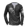 Vintage T Shirt Eagle Geometric Letter Axe Skull Print Half Button Long Sleeve Gothic Casual Tee - BLACK L