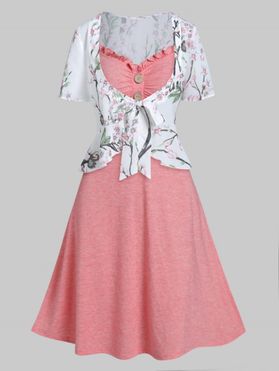 Plus Size Two Piece Set Peach Blossom Bowknot Top And Space Dye Ruffle Mock Button Cami Dress