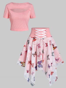 Heather Cut Out T Shirt and Butterfly Print Mesh Overlay Handkerchief Hem Midi Skirt Two Piece Summer Outfit
