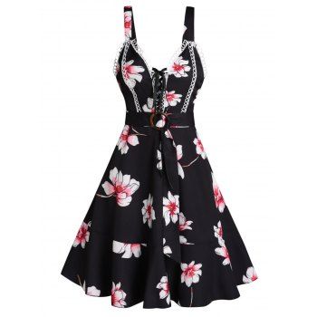 

Flower Print Sundress Lace Eyelet Garden Party Dress O Ring Lace Up Dress, Black