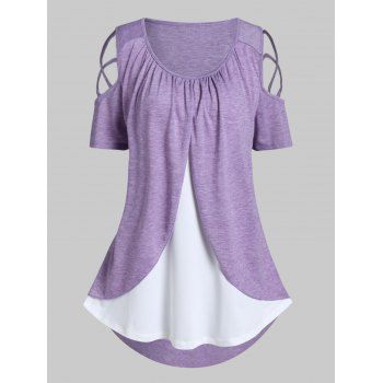 

Plus Size T Shirt Colorblock Ruched Tulip Style T-shirt Asymmetric Lattice Short Sleeve Curve Tee, Light purple