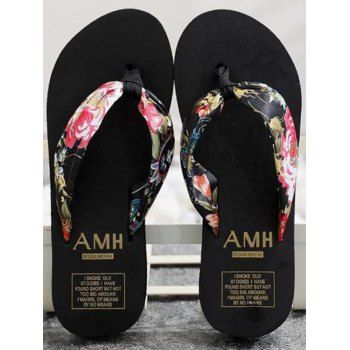 

Bohemian Slippers Floral Print Wedge Heel Beach Non-slip Flip Flops, Black