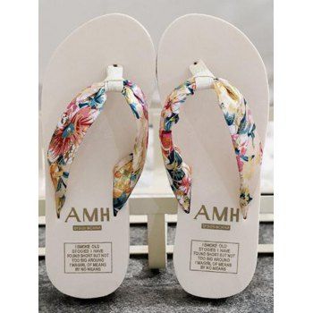 

Bohemian Slippers Floral Print Wedge Heel Beach Non-slip Flip Flops, White