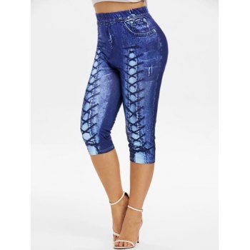 

Casual Capri Jeggings Faux Denim Lace Up Print Elastic Waist Summer Sporty Leggings, Light blue