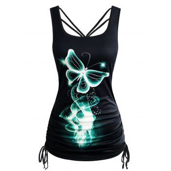 

Dreamy Butterfly Print Tank Top Cinched Tie Side Long Summer Tank Top, Green