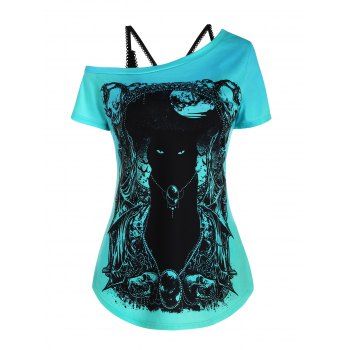 

Gothic Cat Skull Print Skew Neck Tee and Cami Top Two Piece Set, Green