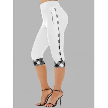 

Plaid Panel Capri Leggings Wide High Waist Zipper Detail Cropped Leggings, White