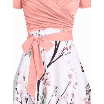 Peach Blossom Floral Print A Line Vacation Sundress and Bowknot Surplice T Shirt Two Piece Summer Set