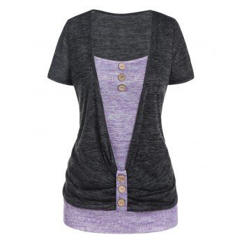 

Contrast Colorblock Twofer T Shirt Mock Button Space Dye Short Sleeve Summer Casual Tee, Dark gray