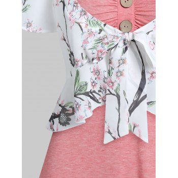 Plus Size Two Piece Set Peach Blossom Bowknot Top And Space Dye Ruffle Mock Button Cami Dress
