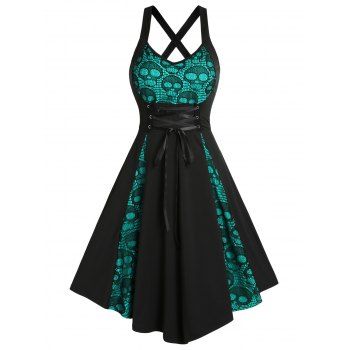 

Gothic Dress Skull Lace Godet Dress Lace Up Cross Back A Line Dress, Deep green