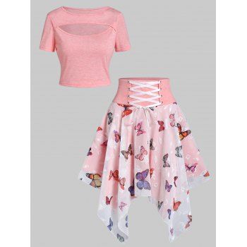 

Heather Cut Out T Shirt and Butterfly Print Mesh Overlay Handkerchief Hem Midi Skirt Two Piece Summer Outfit, Light pink