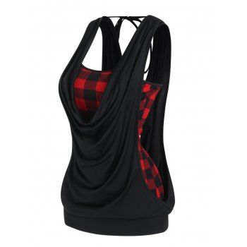 

Casual Top Vintage Plaid Print Cami Top and Solid Color Draped Tied Back Tank Top Summer Two Piece Top Set, Black