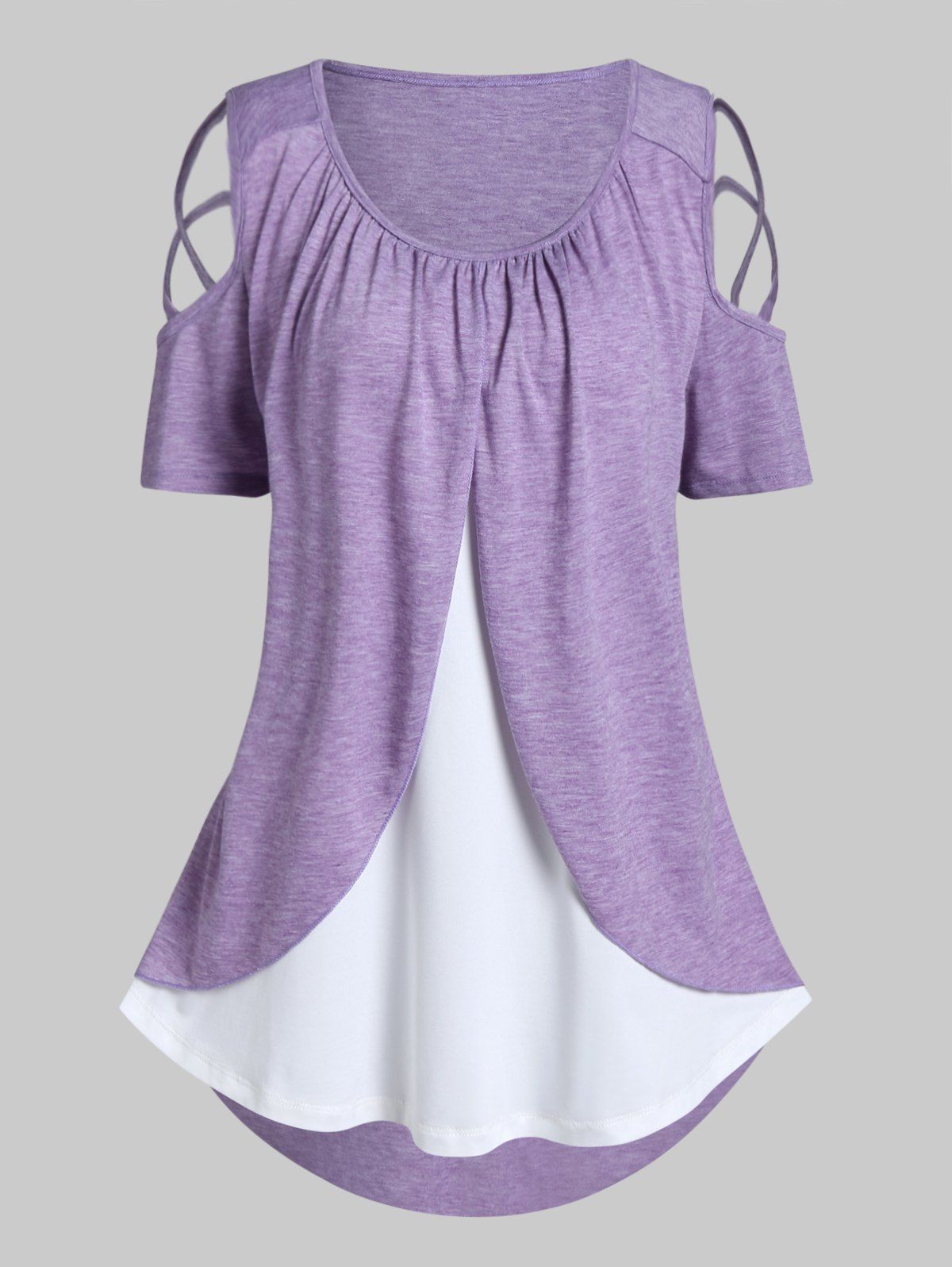 Plus Size T Shirt Colorblock Ruched Tulip Style T-shirt Asymmetric Lattice Short Sleeve Curve Tee - LIGHT PURPLE 3X
