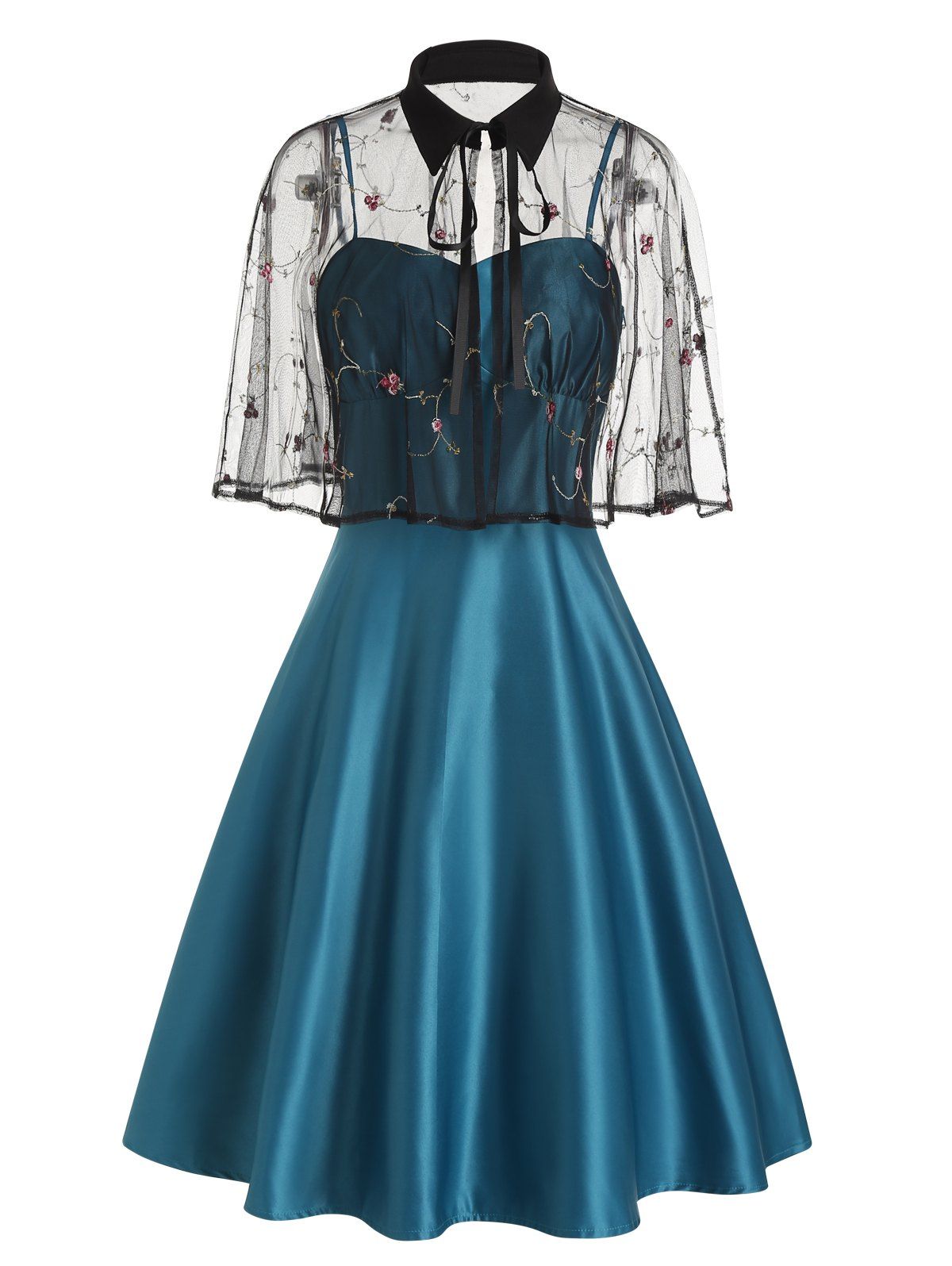 Party Dress Solid Color Empire Waist Sleeveless Midi Dress and Tied Floral Embroidered Lace Shawl Two Piece Set - BLUE L