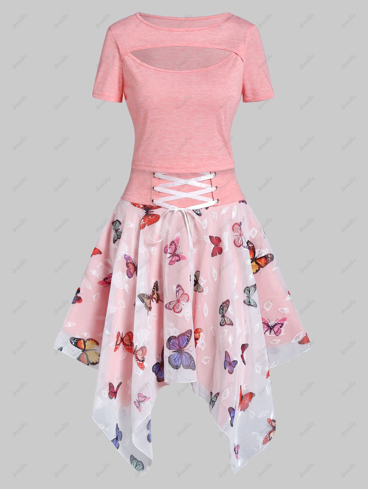 Heather Cut Out T Shirt and Butterfly Print Mesh Overlay Handkerchief Hem Midi Skirt Two Piece Summer Outfit 