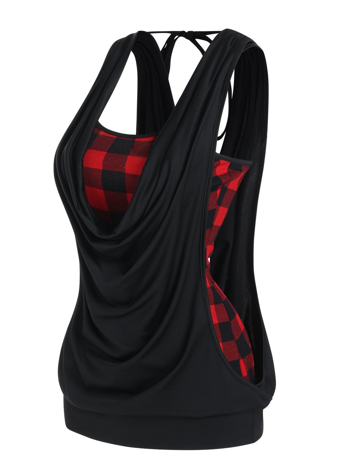 Casual Top Vintage Plaid Print Cami Top and Solid Color Draped Tied Back Tank Top Summer Two Piece Top Set - BLACK M