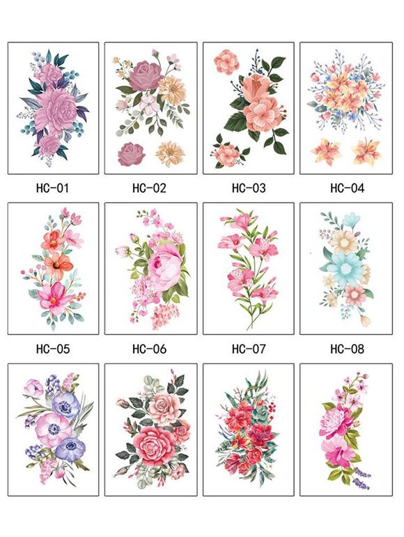 12 Pièces Tatouages Autocollants Imperméables Motif Fleurs - multicolor 