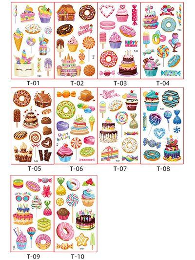 10Pcs Happy Birthday Cake Candy Dessert Pattern Waterproof Tattoo Stickers - multicolor 