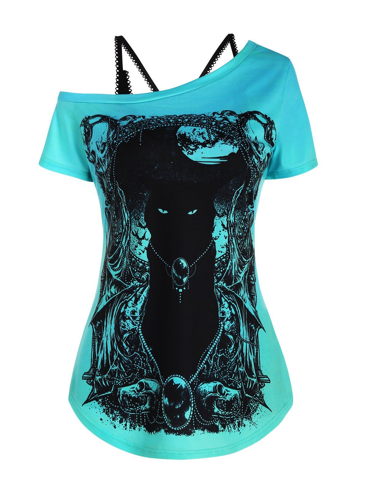 Gothic Cat Skull Print Skew Neck Tee and Cami Top Two Piece Set - GREEN XL