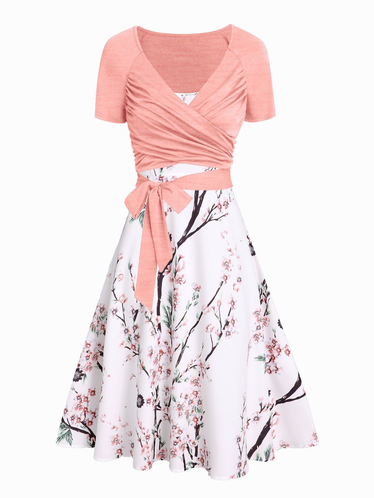 Peach Blossom Floral Print A Line Vacation Sundress and Bowknot Surplice T Shirt Two Piece Summer Set - LIGHT PINK S