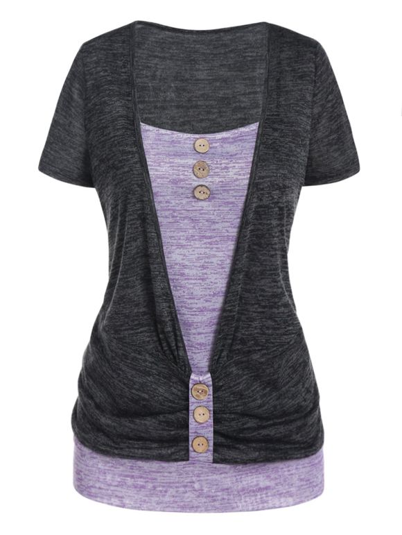Contrast Colorblock Twofer T Shirt Mock Button Space Dye Short Sleeve Summer Casual Tee - DARK GRAY XXXL