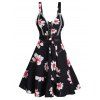 Flower Print Sundress Lace Eyelet Garden Party Dress O Ring Lace Up Dress - BLACK XL