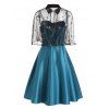Party Dress Solid Color Empire Waist Sleeveless Midi Dress and Tied Floral Embroidered Lace Shawl Two Piece Set - BLUE XL