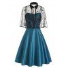 Party Dress Solid Color Empire Waist Sleeveless Midi Dress and Tied Floral Embroidered Lace Shawl Two Piece Set - BLUE S