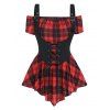 Vintage Top Plaid Print Off the Shoulder Pointed Hem T Shirt and Adjustable Strap Lace Up Corset Tank Top Two Piece Summer Top
