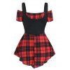 Vintage Top Plaid Print Off the Shoulder Pointed Hem T Shirt and Adjustable Strap Lace Up Corset Tank Top Two Piece Summer Top - RED M