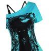 Gothic Cat Skull Print Skew Neck Tee and Cami Top Two Piece Set - GREEN XL
