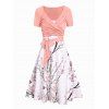 Peach Blossom Floral Print A Line Vacation Sundress and Bowknot Surplice T Shirt Two Piece Summer Set - LIGHT PINK XXL