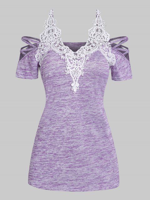 Space Dye Crisscross Cold Shoulder Flower Guipure Short Sleeve Tee