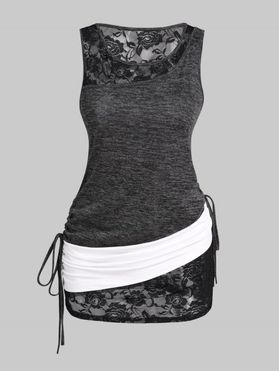 Contrast 2 In 1 Tank Top Rose Flower Lace Panel Cinched Tie Longline Top