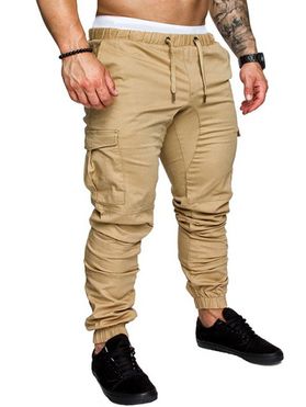 Solid Color Cargo Pants Pockets Beam Feet Applique Drawstrings Casual Pants