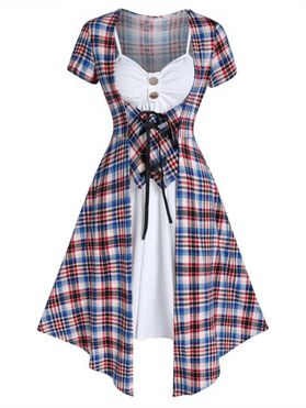 Contrast Plaid Print 2-in-1 Mini Dress Lace Up Faux Twinset Dress Mock Button Asymmetric Pointed Hem A Line Dress