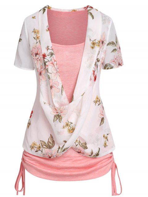 T-shirt D'Eté 2 en 1 Fleur Croisé à Manches Courtes à Volants